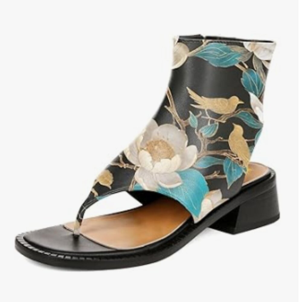 Wo Wagas Flower Ankle Sandals Boots Chunky Low Heel Flip Flop Open Toe Shoes